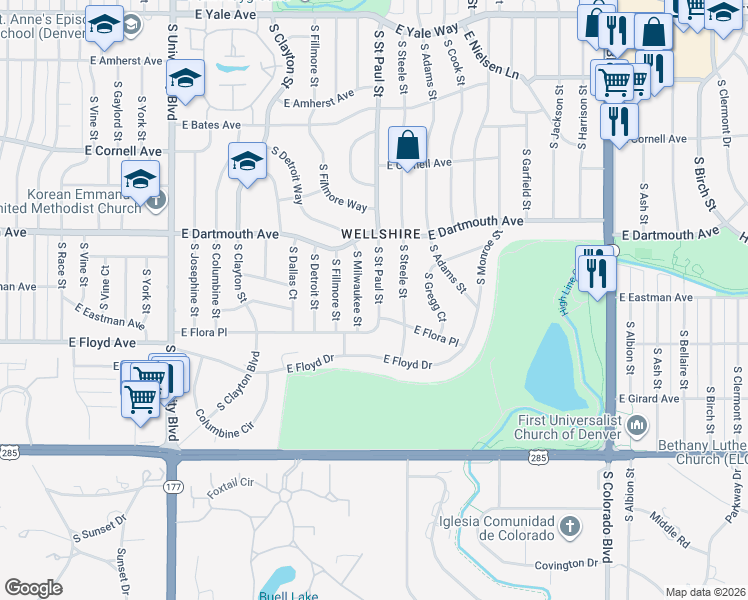 map of restaurants, bars, coffee shops, grocery stores, and more near 3206 South Saint Paul Street in Denver
