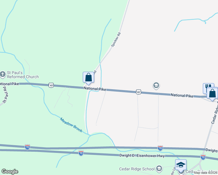map of restaurants, bars, coffee shops, grocery stores, and more near 14602 National Pike in Clear Spring