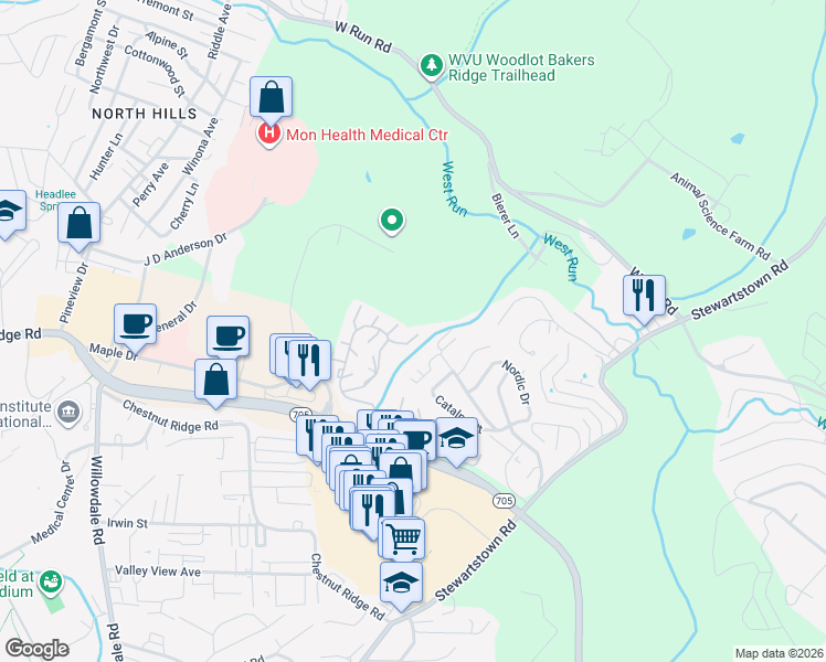 map of restaurants, bars, coffee shops, grocery stores, and more near 2011 Country View Lane in Morgantown