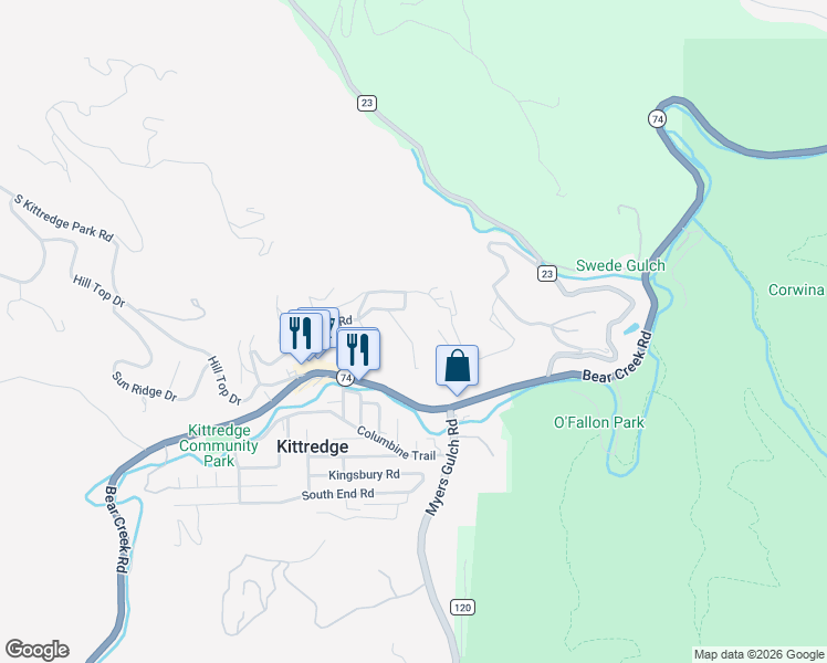 map of restaurants, bars, coffee shops, grocery stores, and more near 26268 Snowdrop Road in Evergreen