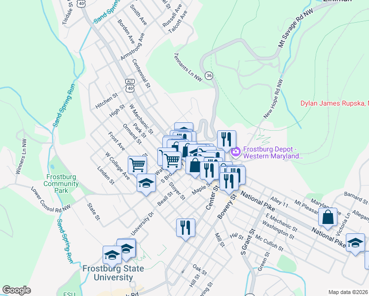 map of restaurants, bars, coffee shops, grocery stores, and more near in Frostburg