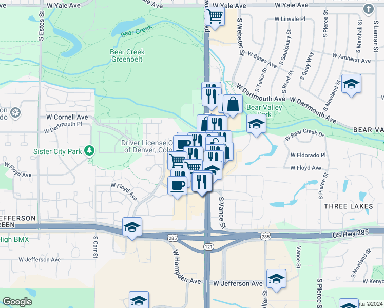 map of restaurants, bars, coffee shops, grocery stores, and more near 3201 South Wadsworth Boulevard in Lakewood