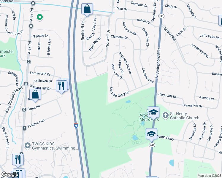 map of restaurants, bars, coffee shops, grocery stores, and more near 3441 Morning Glory Drive in Dayton