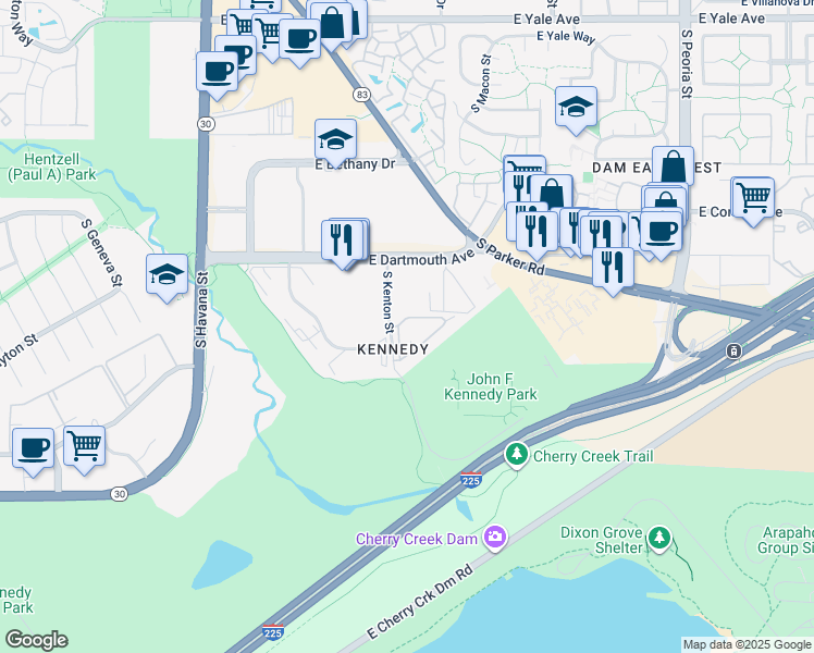 map of restaurants, bars, coffee shops, grocery stores, and more near 3310 South Kenton Street in Denver