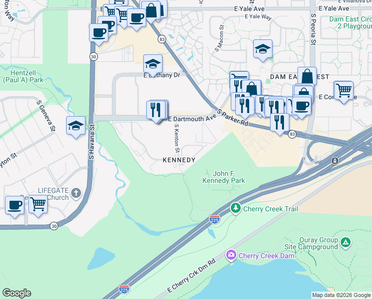 map of restaurants, bars, coffee shops, grocery stores, and more near 3320 South Kenton Street in Denver