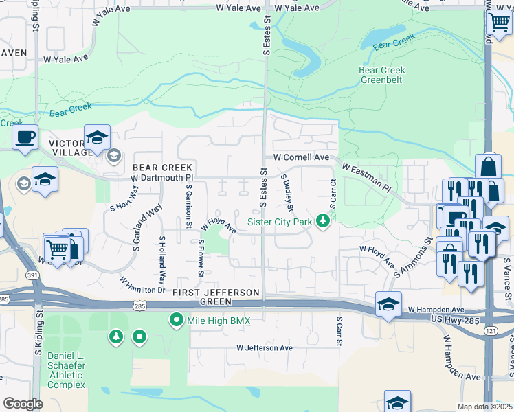map of restaurants, bars, coffee shops, grocery stores, and more near 3151 South Estes Street in Lakewood
