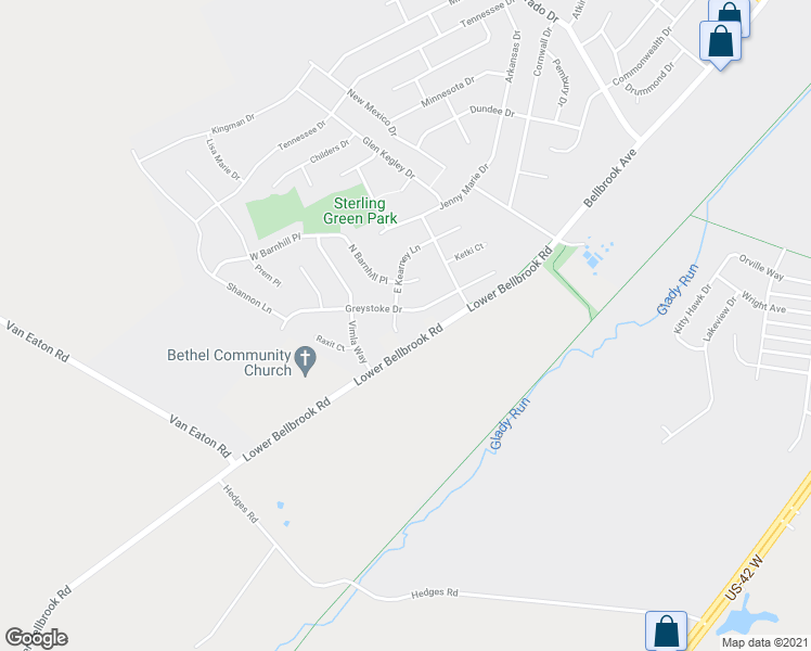 map of restaurants, bars, coffee shops, grocery stores, and more near 1415 East Kearney Lane in Xenia