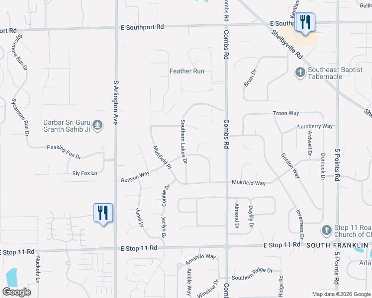 map of restaurants, bars, coffee shops, grocery stores, and more near 7534 Southern Lakes Drive in Indianapolis