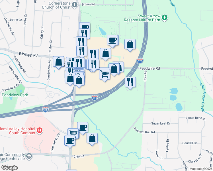 map of restaurants, bars, coffee shops, grocery stores, and more near 4341 Feedwire Road in Dayton