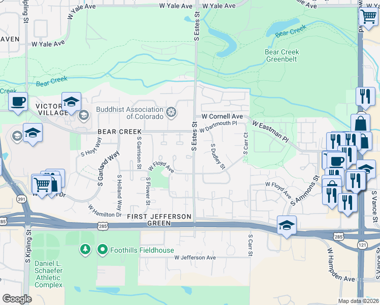 map of restaurants, bars, coffee shops, grocery stores, and more near 3151 South Estes Street in Lakewood
