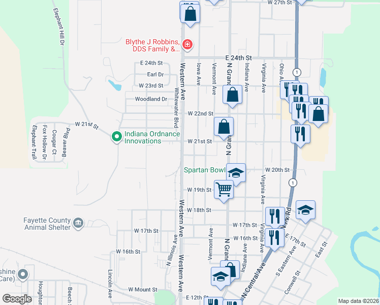 map of restaurants, bars, coffee shops, grocery stores, and more near 639 West 21st Street in Connersville