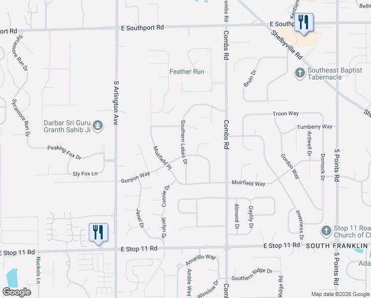 map of restaurants, bars, coffee shops, grocery stores, and more near 7534 Southern Lakes Drive in Indianapolis