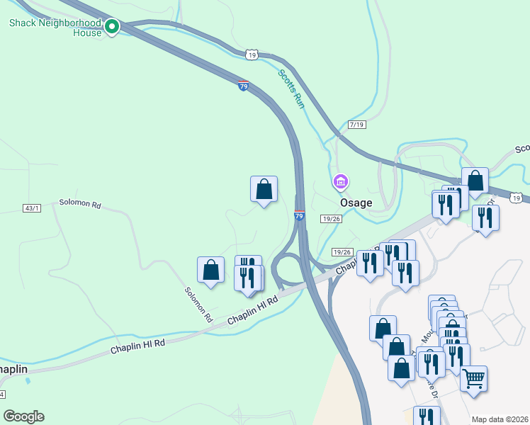 map of restaurants, bars, coffee shops, grocery stores, and more near Willie G Avenue in Morgantown