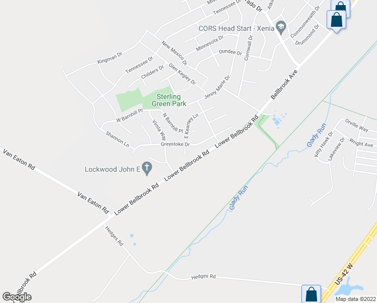map of restaurants, bars, coffee shops, grocery stores, and more near 1415 East Kearney Lane in Xenia