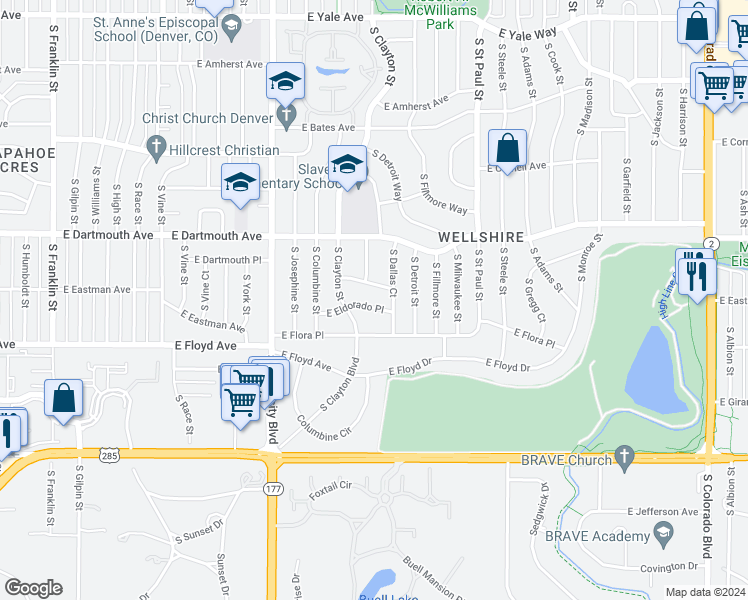 map of restaurants, bars, coffee shops, grocery stores, and more near 2727 East Eldorado Place in Denver