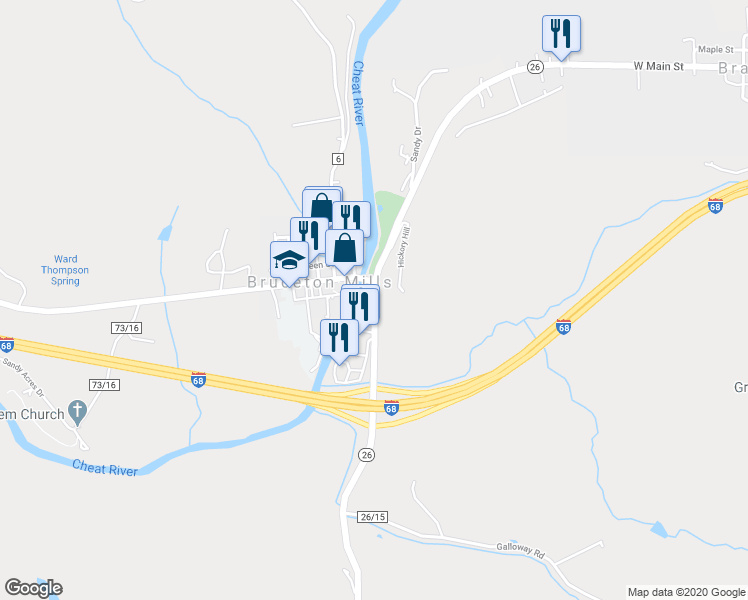 map of restaurants, bars, coffee shops, grocery stores, and more near West Virginia 26 in Bruceton Mills