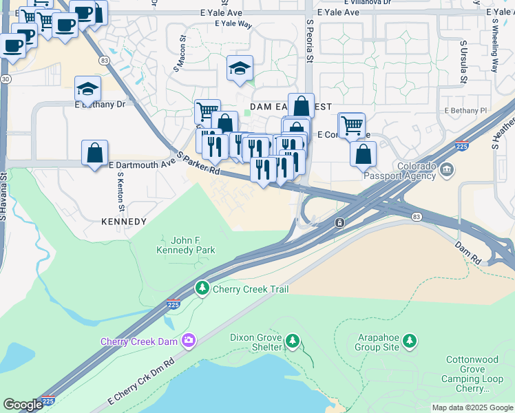 map of restaurants, bars, coffee shops, grocery stores, and more near 3257 South Parker Road in Denver