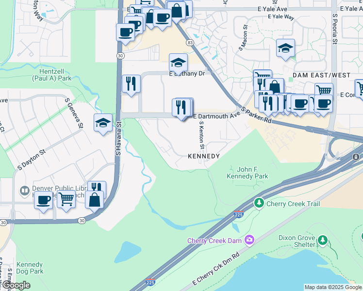 map of restaurants, bars, coffee shops, grocery stores, and more near 10700 East Dartmouth Avenue in Denver