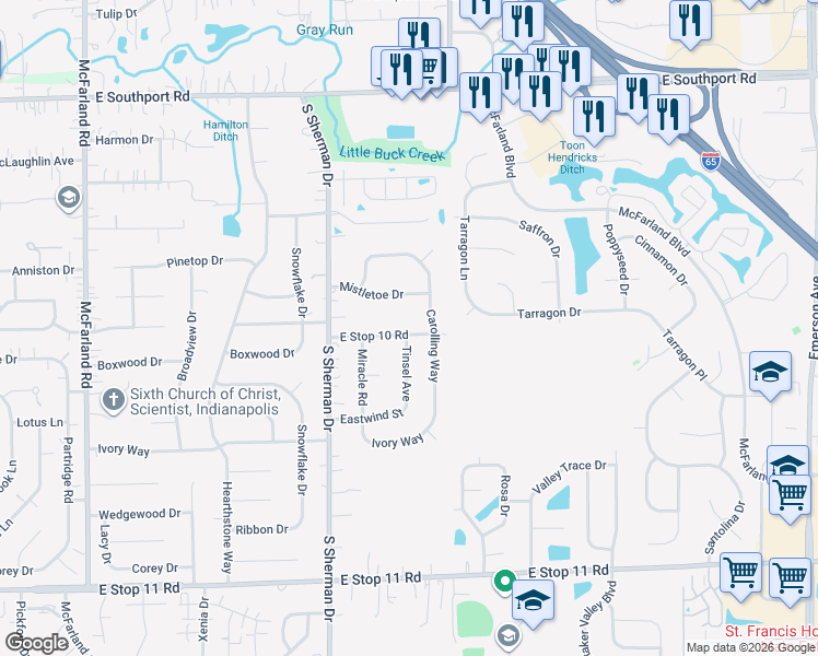 map of restaurants, bars, coffee shops, grocery stores, and more near 3942 East Stop 10 Road in Indianapolis