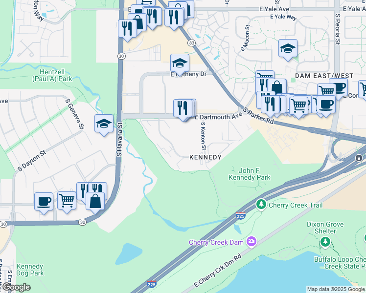 map of restaurants, bars, coffee shops, grocery stores, and more near 10700 East Dartmouth Avenue in Aurora