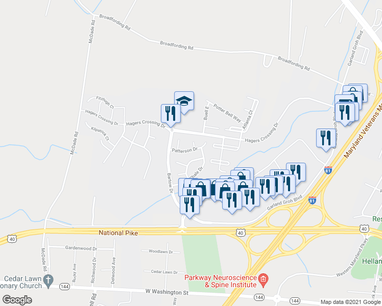 map of restaurants, bars, coffee shops, grocery stores, and more near 17529 Patterson Dr in Hagerstown