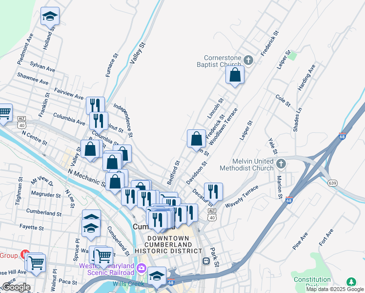 map of restaurants, bars, coffee shops, grocery stores, and more near 352 Bedford Street in Cumberland