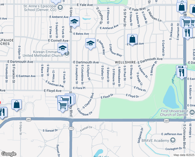 map of restaurants, bars, coffee shops, grocery stores, and more near 2727 East Eldorado Place in Denver