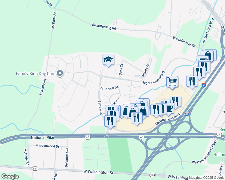 map of restaurants, bars, coffee shops, grocery stores, and more near 17529 Patterson Dr in Hagerstown