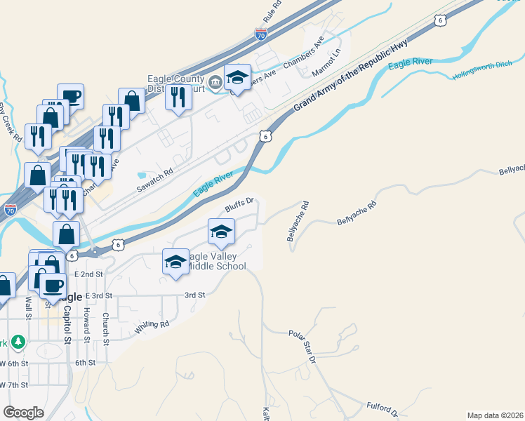 map of restaurants, bars, coffee shops, grocery stores, and more near 366 Bluffs Drive in Eagle