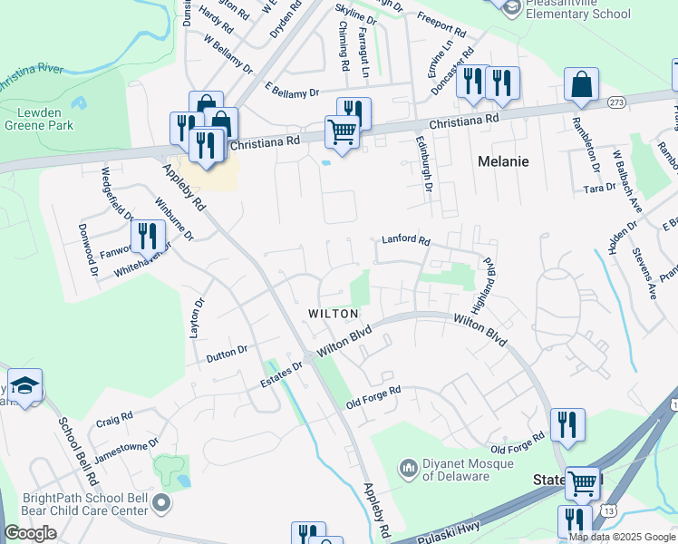 map of restaurants, bars, coffee shops, grocery stores, and more near 26 Berkely Way in New Castle