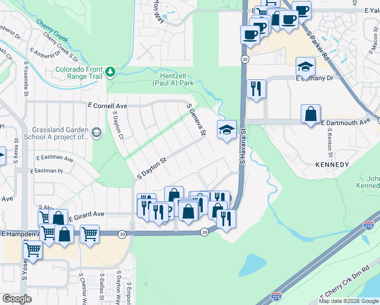 map of restaurants, bars, coffee shops, grocery stores, and more near 3300 South Fulton Court in Denver