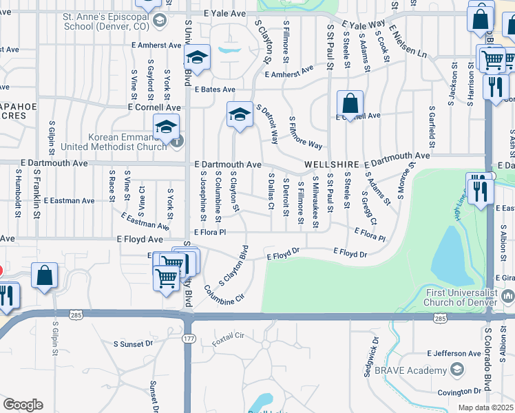 map of restaurants, bars, coffee shops, grocery stores, and more near 2727 East Eldorado Place in Denver