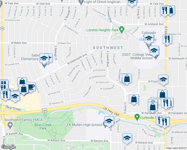 map of restaurants, bars, coffee shops, grocery stores, and more near 3850 West Floyd Avenue in Denver
