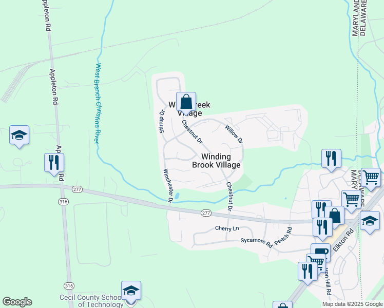 map of restaurants, bars, coffee shops, grocery stores, and more near 52 Navaho Trail South in Elkton