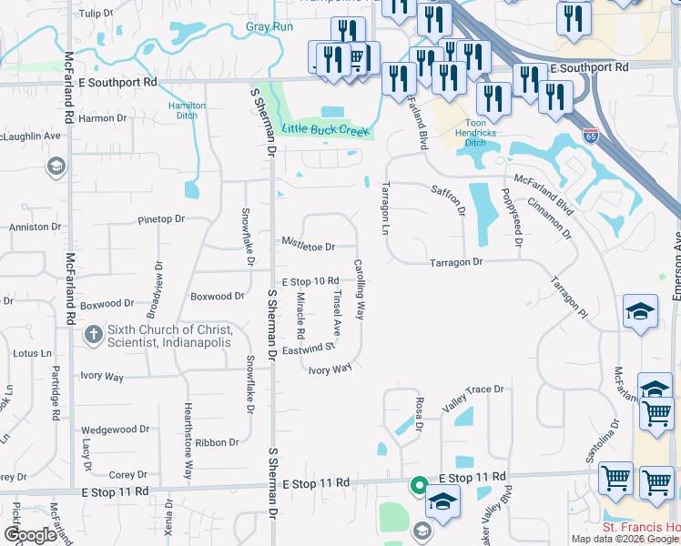 map of restaurants, bars, coffee shops, grocery stores, and more near 3942 East Stop 10 Road in Indianapolis