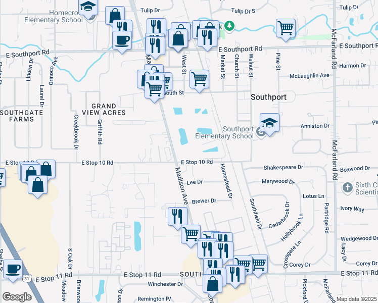 map of restaurants, bars, coffee shops, grocery stores, and more near 7465 Madison Avenue in Indianapolis