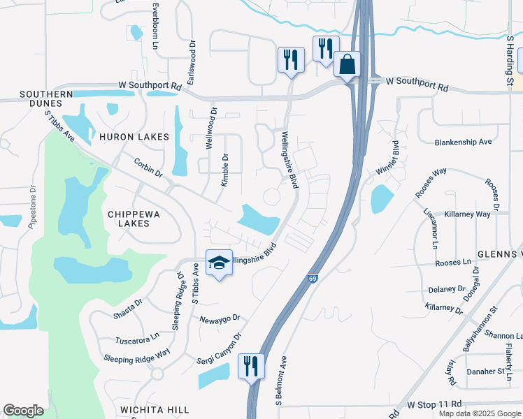 map of restaurants, bars, coffee shops, grocery stores, and more near 7355 Lake Lakota Place in Indianapolis