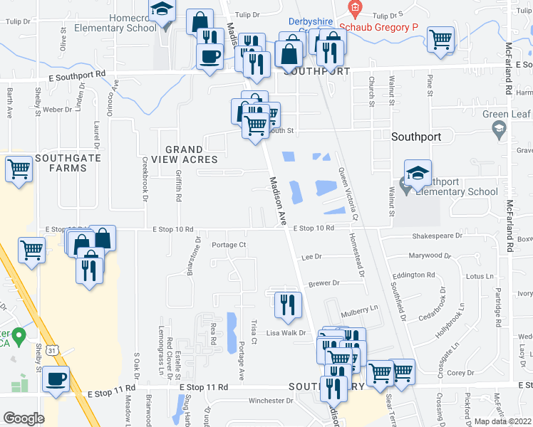 map of restaurants, bars, coffee shops, grocery stores, and more near 7433 Sharzad Place in Indianapolis