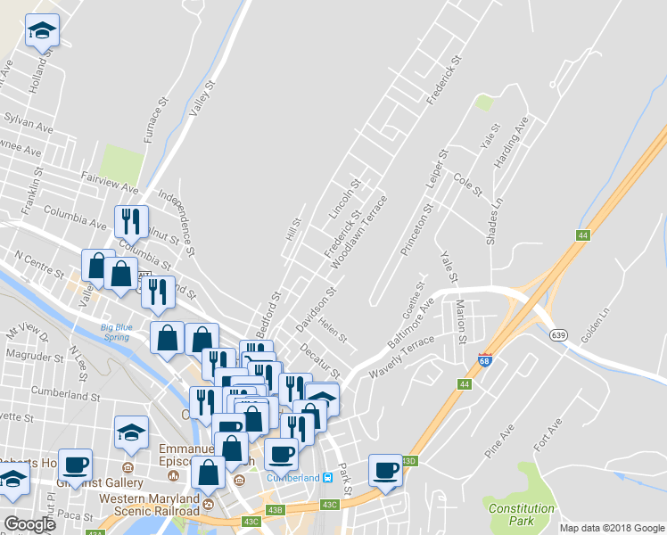 map of restaurants, bars, coffee shops, grocery stores, and more near 416 Woodlawn Terrace in Cumberland