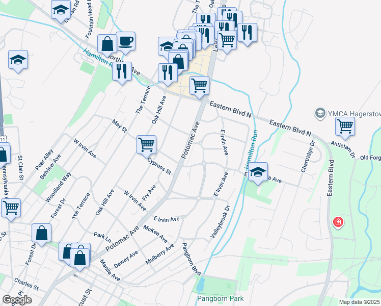 map of restaurants, bars, coffee shops, grocery stores, and more near 1324 Potomac Avenue in Hagerstown