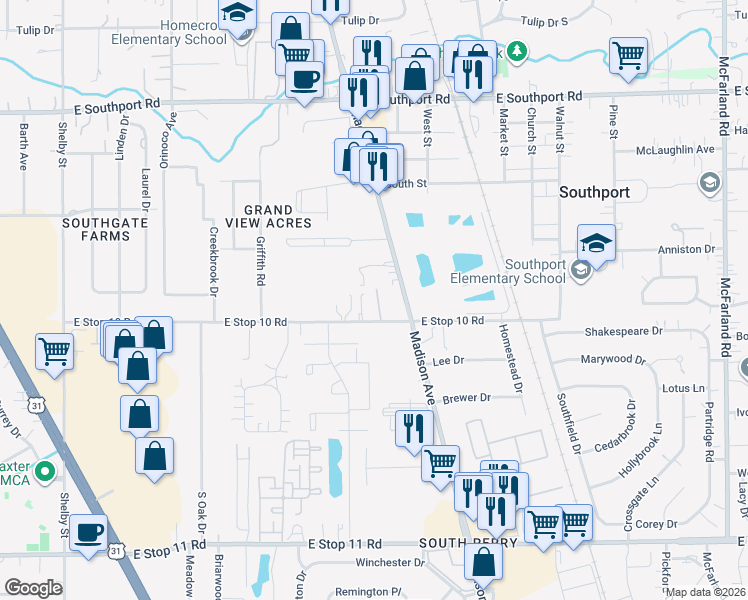 map of restaurants, bars, coffee shops, grocery stores, and more near 7432 Sharzad Place in Indianapolis