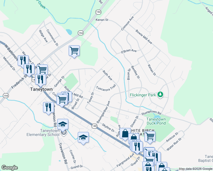 map of restaurants, bars, coffee shops, grocery stores, and more near 33 Musket Court in Taneytown