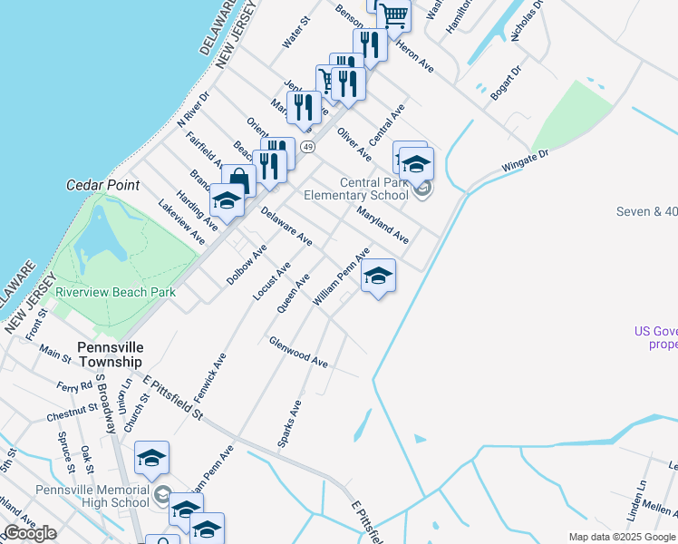 map of restaurants, bars, coffee shops, grocery stores, and more near 113 William Penn Avenue in Pennsville Township