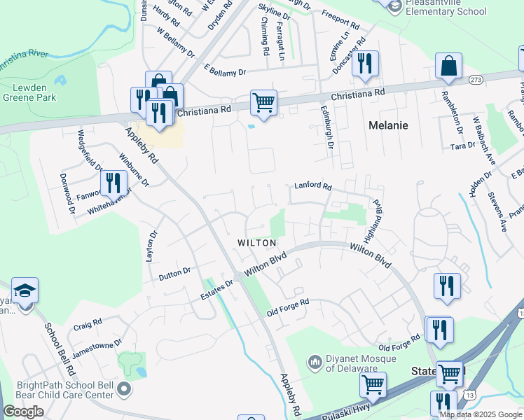 map of restaurants, bars, coffee shops, grocery stores, and more near 26 Berkely Way in New Castle