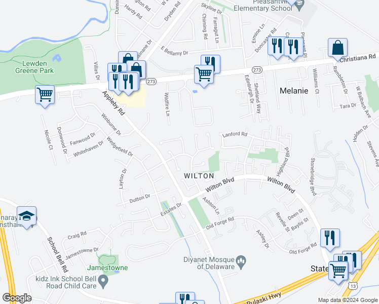 map of restaurants, bars, coffee shops, grocery stores, and more near 10 Saybrook Way in New Castle