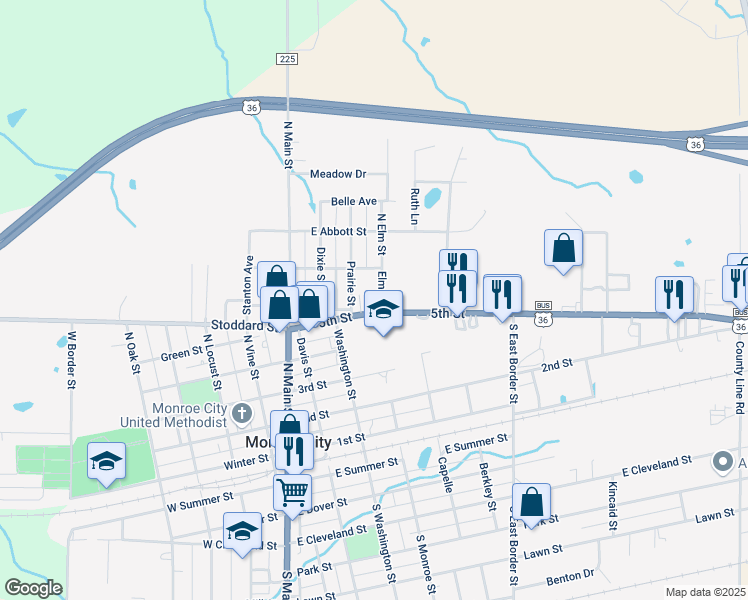 map of restaurants, bars, coffee shops, grocery stores, and more near 312 5th Street in Monroe City
