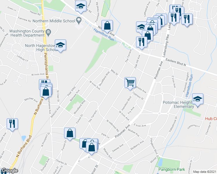 map of restaurants, bars, coffee shops, grocery stores, and more near 1149 The Terrace in Hagerstown