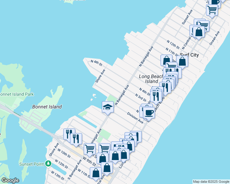 map of restaurants, bars, coffee shops, grocery stores, and more near 337 North 1st Street in Surf City