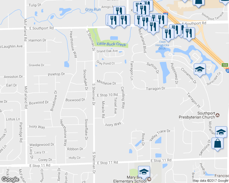 map of restaurants, bars, coffee shops, grocery stores, and more near 3942 East Stop 10 Road in Indianapolis