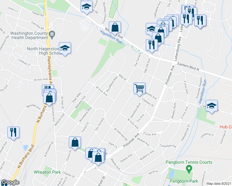 map of restaurants, bars, coffee shops, grocery stores, and more near 1149 The Terrace in Hagerstown